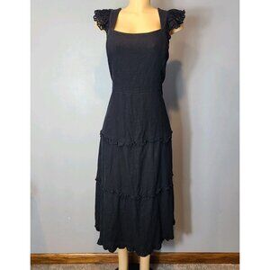 Anne‎ Klein Womens Black Linen Ruffle Trimmed Tiered Midi Dress Size 14 Resort